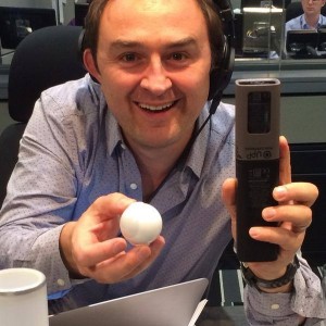 Journalist Tom Cheesewright shows off the Fibaro Motion Sensor to the guys at BBC Radio 5 Live
